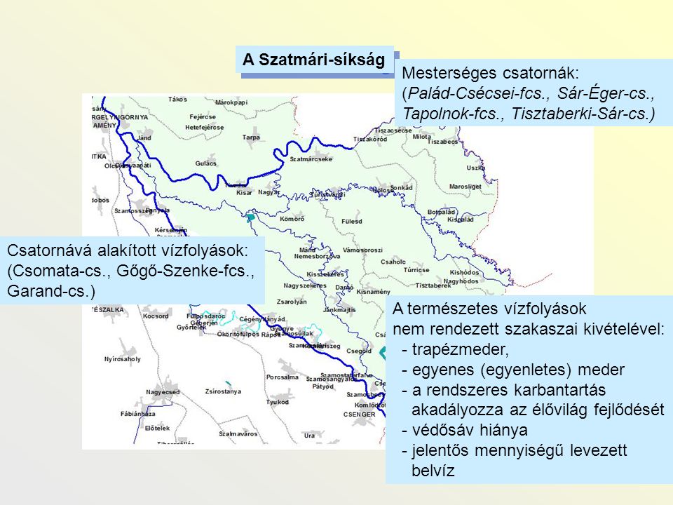 A Szatmári-síkság Mesterséges csatornák: (Palád-Csécsei-fcs., Sár-Éger-cs., Tapolnok-fcs., Tisztaberki-Sár-cs.)