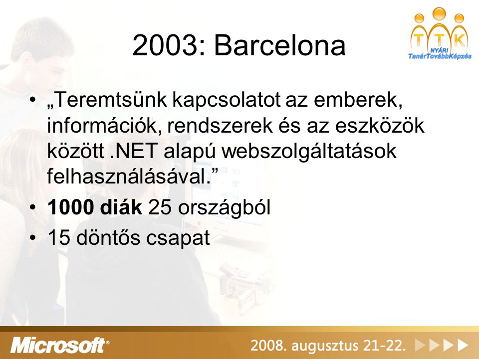 2003: Barcelona „Teremtsünk kapcsolatot az emberek, információk, rendszerek és az eszközök között .NET alapú webszolgáltatások felhasználásával.