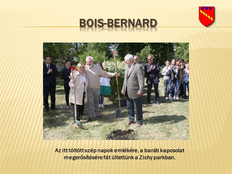 Bois-bernard Az itt töltött szép napok emlékére, a baráti kapcsolat megerősítésére fát ültettünk a Zichy parkban.