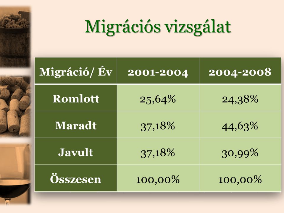 Migrációs vizsgálat Migráció/ Év Romlott 25,64%