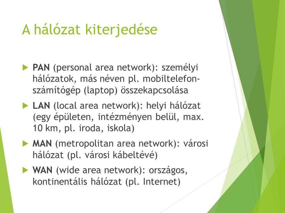 A hálózat kiterjedése PAN (personal area network): személyi hálózatok, más néven pl. mobiltelefon- számítógép (laptop) összekapcsolása.