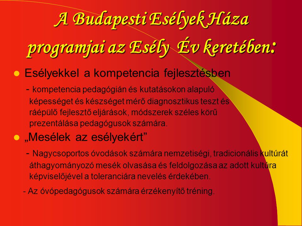 A Budapesti Esélyek Háza programjai az Esély Év keretében: