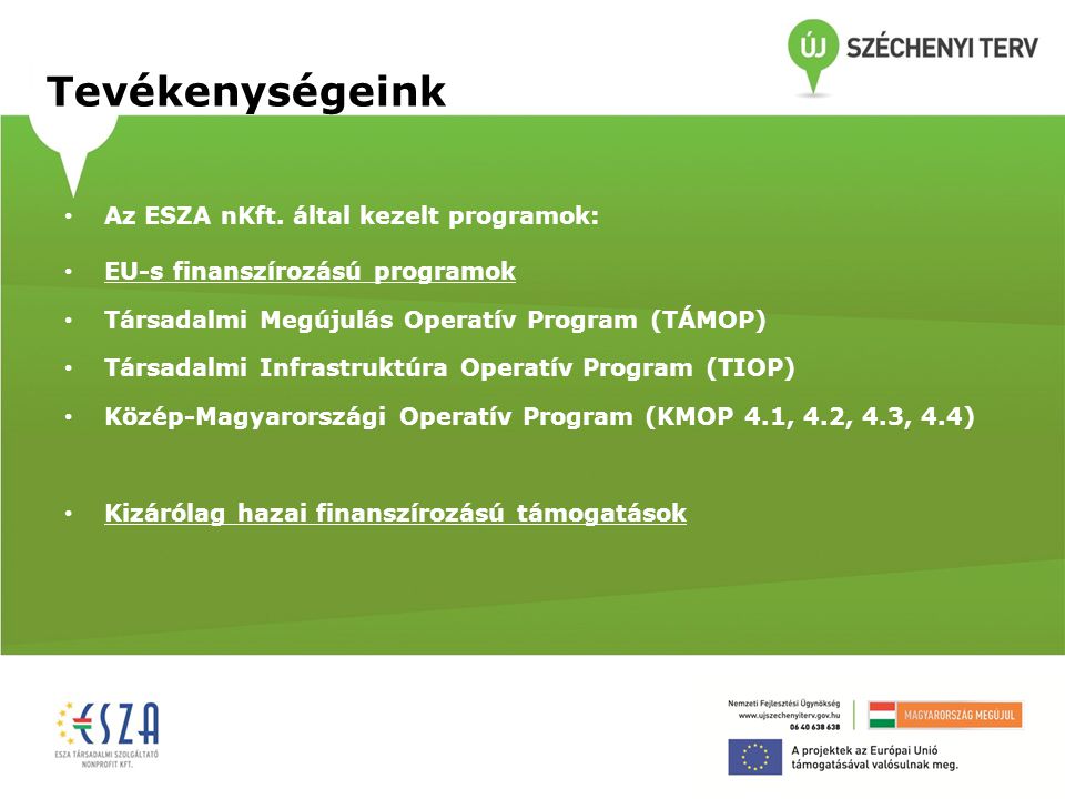 Tevékenységeink Az ESZA nKft. által kezelt programok: