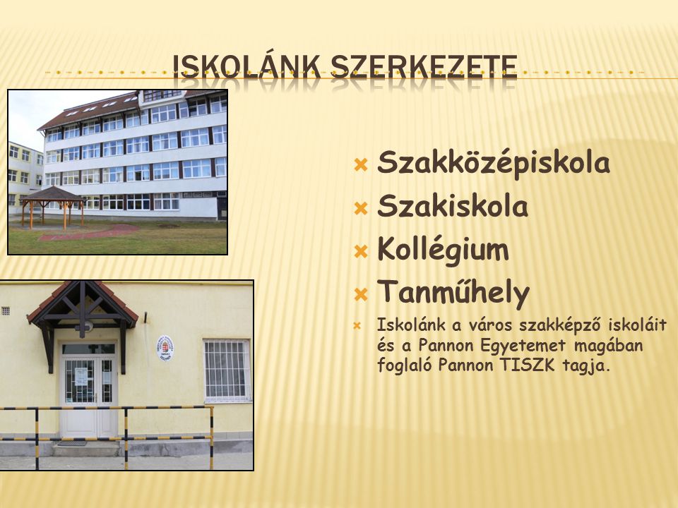 Iskolánk szerkezete Szakközépiskola Szakiskola Kollégium Tanműhely