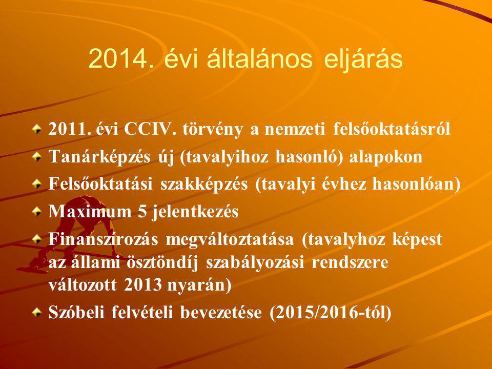 2014. évi általános eljárás évi CCIV. törvény a nemzeti felsőoktatásról. Tanárképzés új (tavalyihoz hasonló) alapokon.
