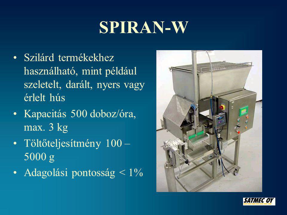 SPIRAN-W Szilárd termékekhez használható, mint például szeletelt, darált, nyers vagy érlelt hús. Kapacitás 500 doboz/óra, max. 3 kg.