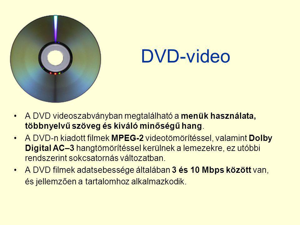 DVD-video A DVD videoszabványban megtalálható a menük használata, többnyelvű szöveg és kiváló minőségű hang.