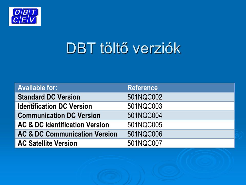 DBT töltő verziók