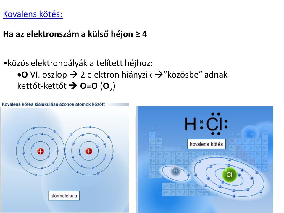 Kovalens kötés: Ha az elektronszám a külső héjon ≥ 4. közös elektronpályák a telített héjhoz: