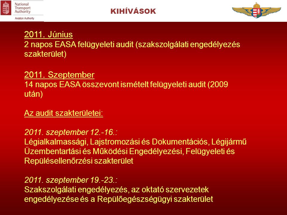 KIHÍVÁSOK Június. 2 napos EASA felügyeleti audit (szakszolgálati engedélyezés szakterület) Szeptember.