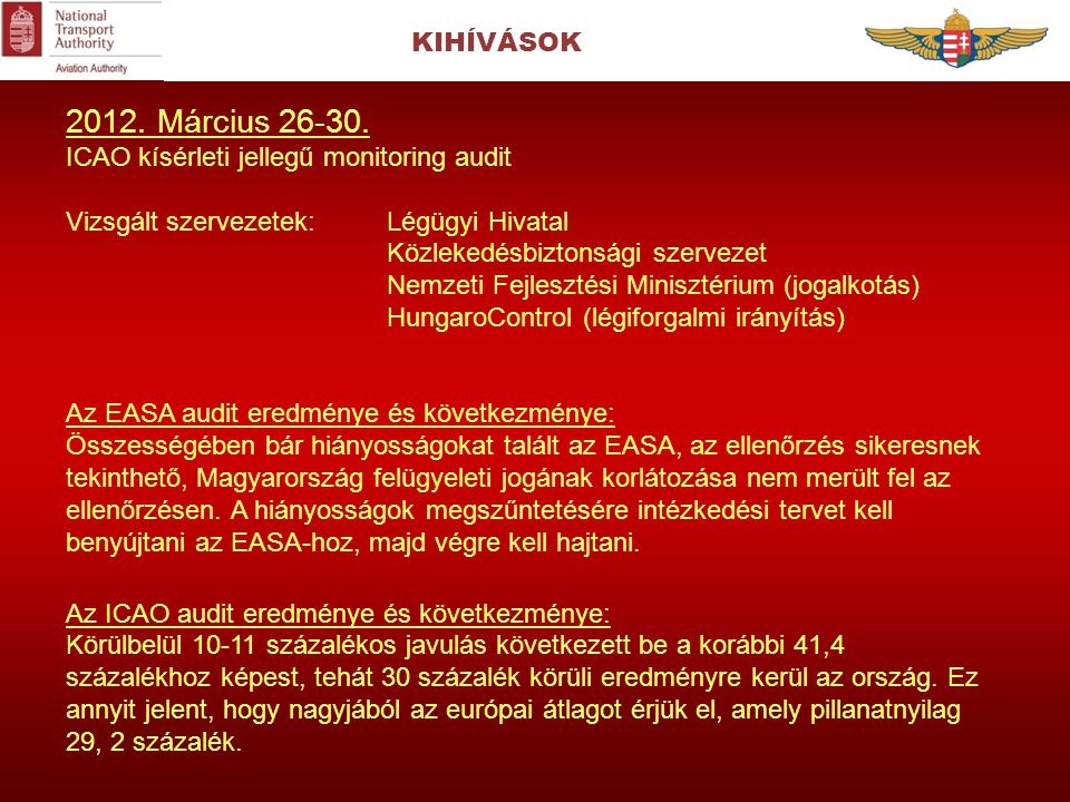 2012. Március KIHÍVÁSOK ICAO kísérleti jellegű monitoring audit