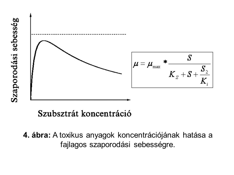 4. ábra: A toxikus anyagok koncentrációjának hatása a fajlagos szaporodási sebességre.
