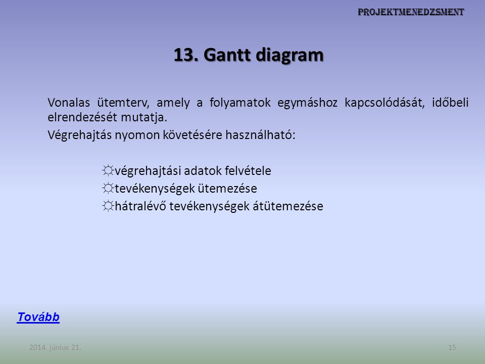 13. Gantt diagram Végrehajtás nyomon követésére használható: