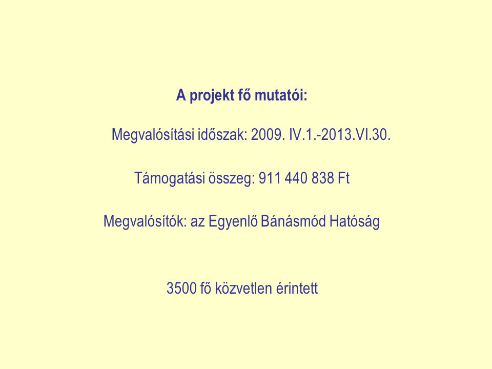 A projekt fő mutatói: Megvalósítási időszak: IV VI.30.