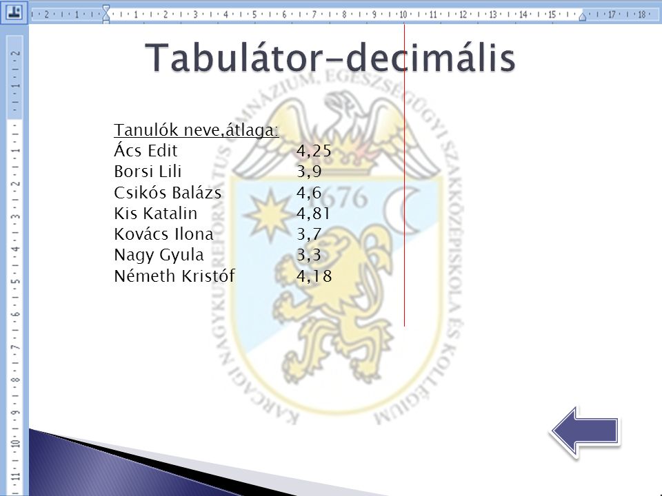 Tabulátor-decimális Tanulók neve,átlaga: Ács Edit 4,25 Borsi Lili 3,9