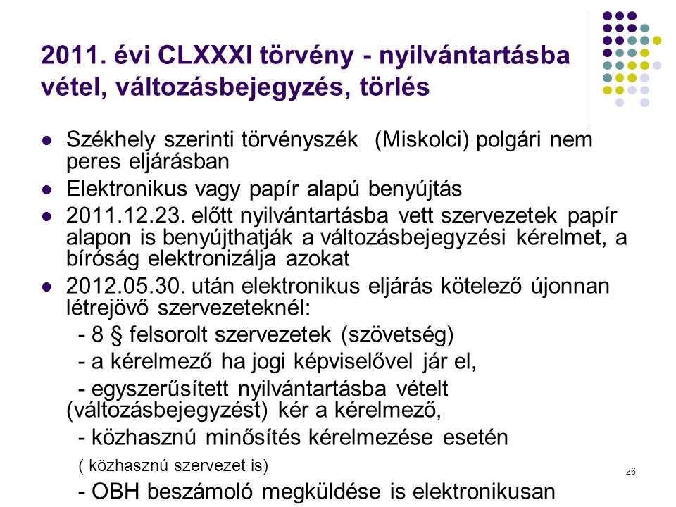 2011. évi CLXXXI törvény - nyilvántartásba vétel, változásbejegyzés, törlés
