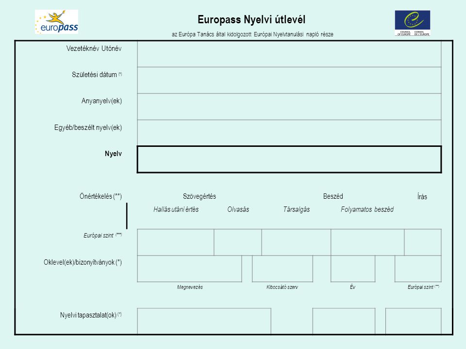Europass Nyelvi útlevél az Európa Tanács által kidolgozott Európai Nyelvtanulási napló része