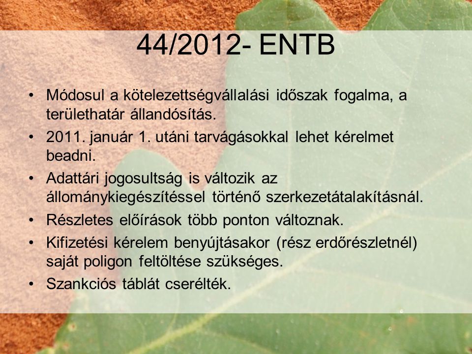 44/2012- ENTB Módosul a kötelezettségvállalási időszak fogalma, a területhatár állandósítás.