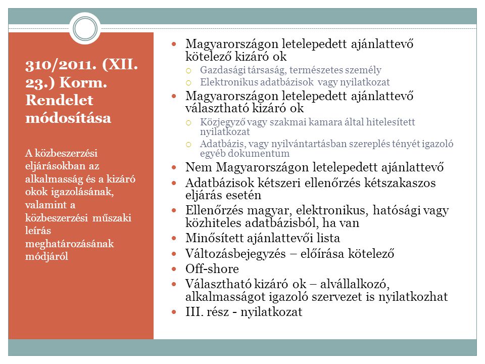 310/2011. (XII. 23.) Korm. Rendelet módosítása