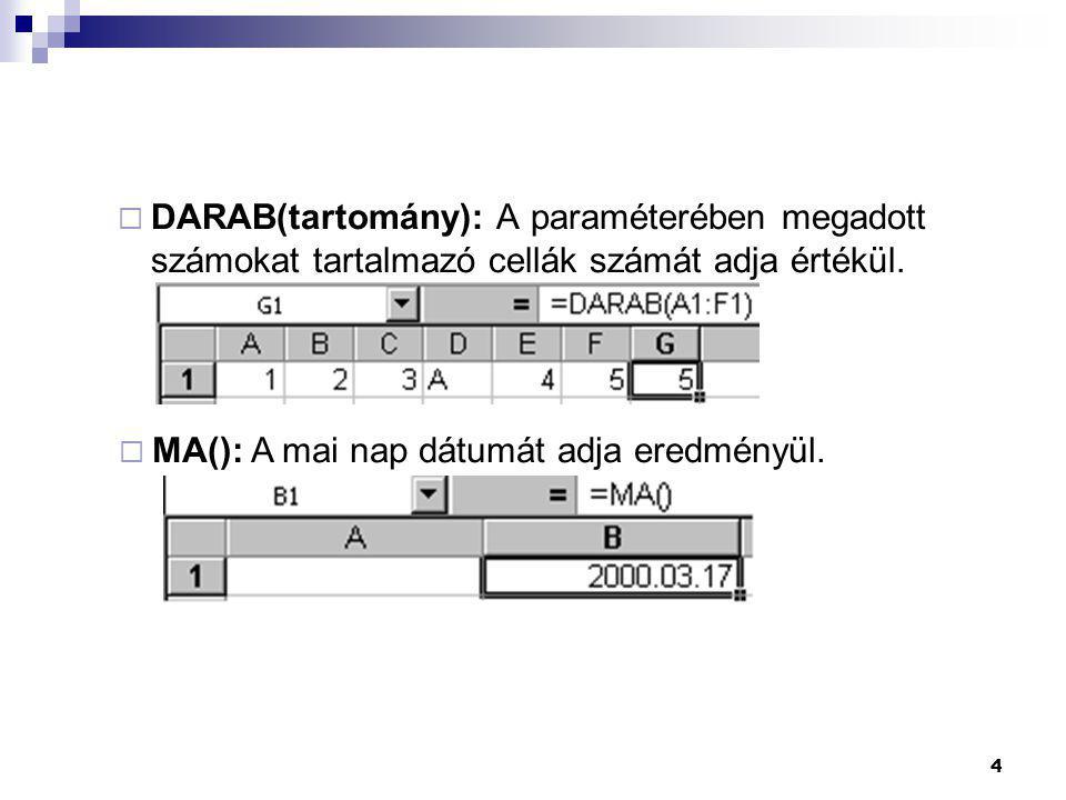 DARAB(tartomány): A paraméterében megadott számokat tartalmazó cellák számát adja értékül.