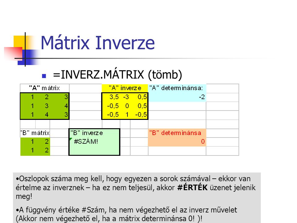 Mátrix Inverze =INVERZ.MÁTRIX (tömb)