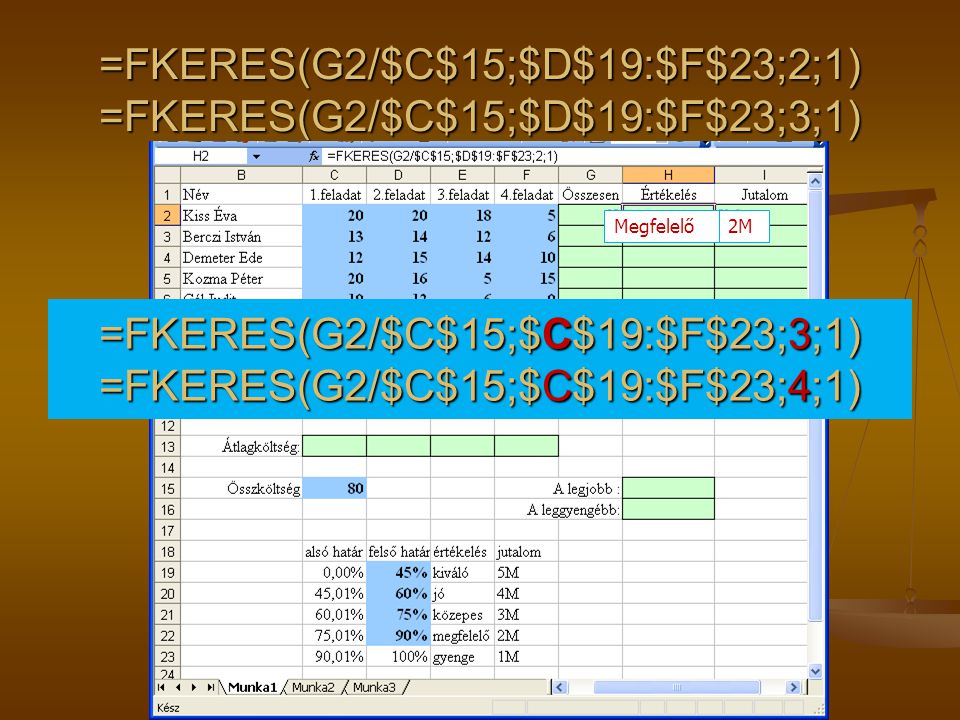 =FKERES(G2/$C$15;$D$19:$F$23;2;1) =FKERES(G2/$C$15;$D$19:$F$23;3;1)