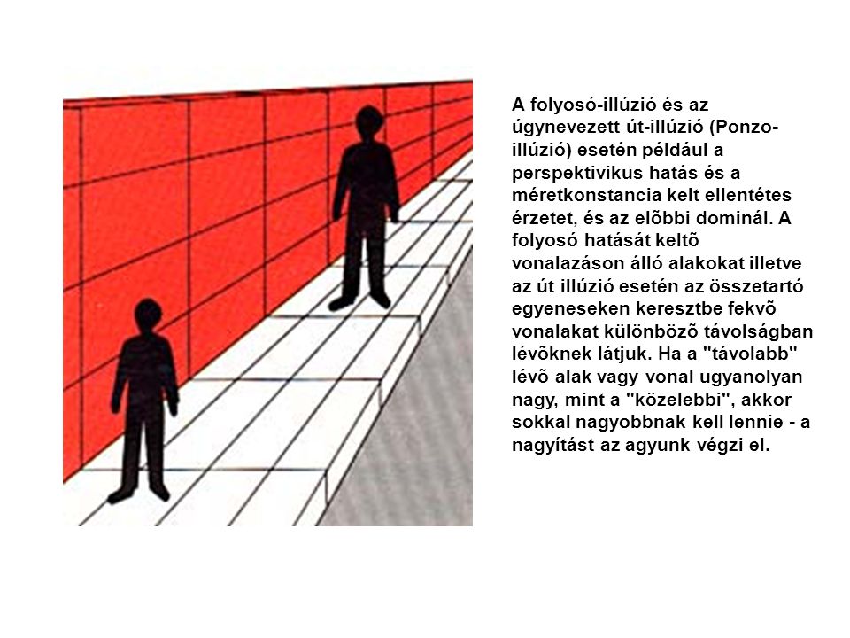 A folyosó-illúzió és az úgynevezett út-illúzió (Ponzo-illúzió) esetén például a perspektivikus hatás és a méretkonstancia kelt ellentétes érzetet, és az elõbbi dominál.