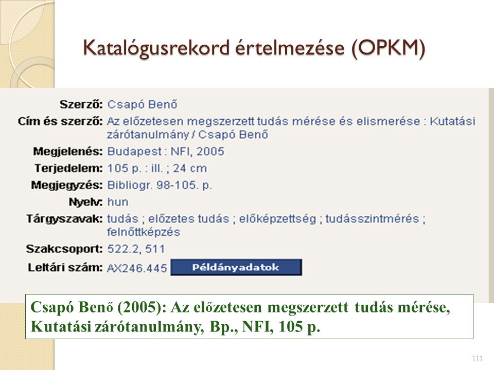 Katalógusrekord értelmezése (OPKM)
