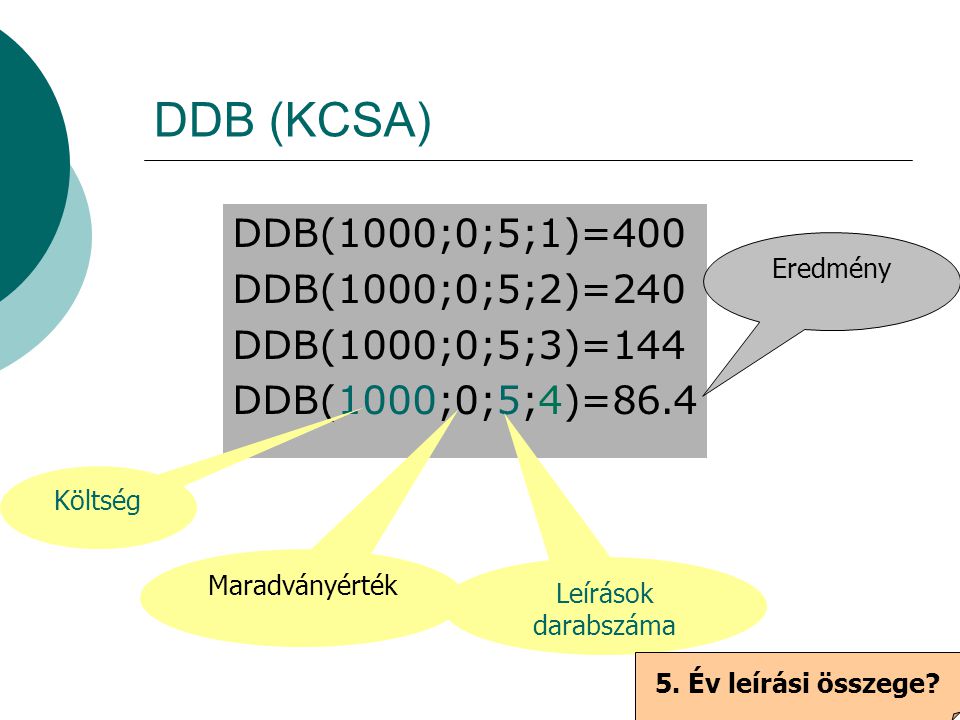 DDB (KCSA) DDB(1000;0;5;1)=400 DDB(1000;0;5;2)=240 DDB(1000;0;5;3)=144