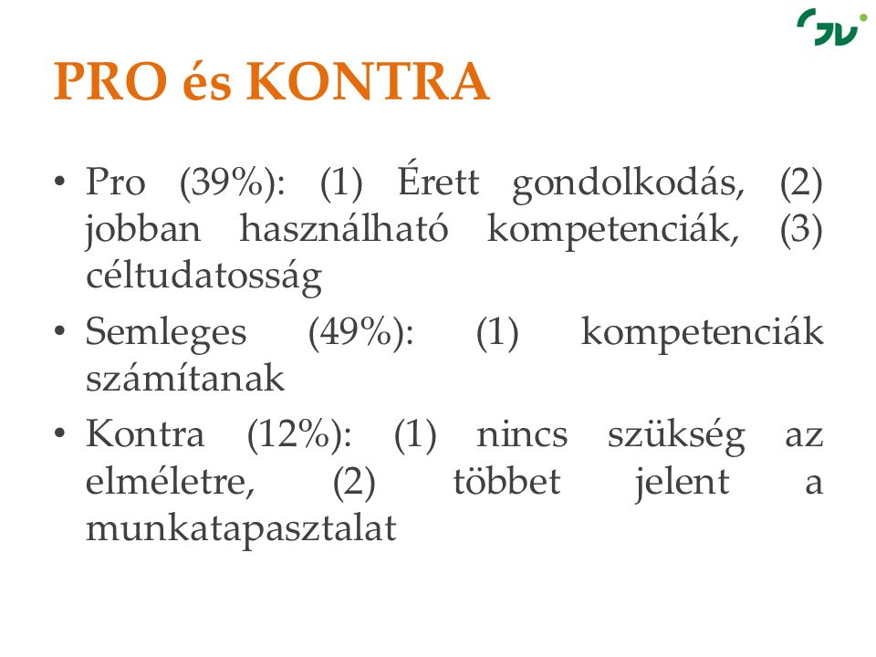 PRO és KONTRA Pro (39%): (1) Érett gondolkodás, (2) jobban használható kompetenciák, (3) céltudatosság.