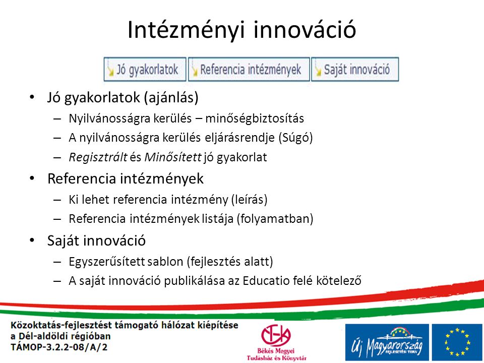 Intézményi innováció Jó gyakorlatok (ajánlás) Referencia intézmények