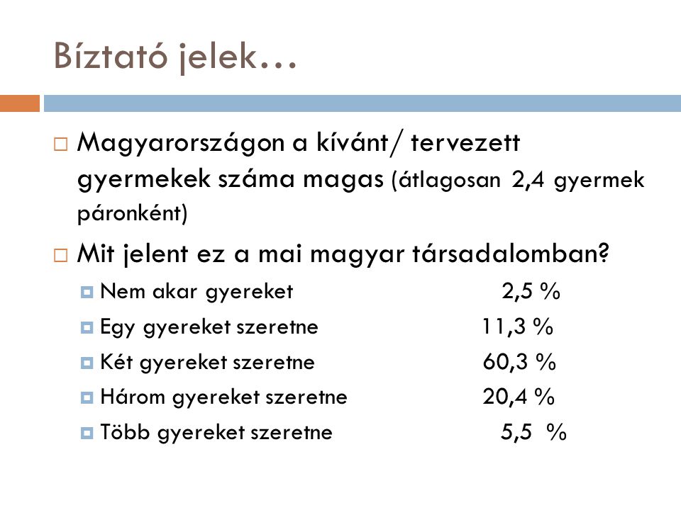 Bíztató jelek… Magyarországon a kívánt/ tervezett gyermekek száma magas (átlagosan 2,4 gyermek páronként)