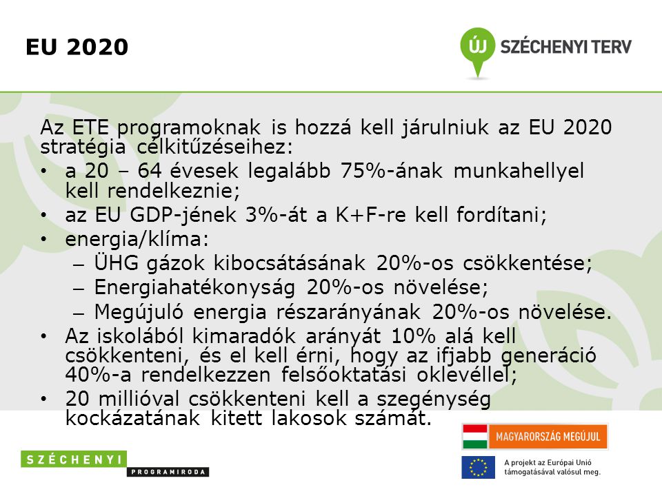 EU 2020 Az ETE programoknak is hozzá kell járulniuk az EU 2020 stratégia célkitűzéseihez: