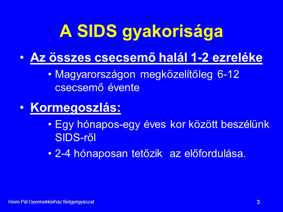 A SIDS gyakorisága Az összes csecsemő halál 1-2 ezreléke Kormegoszlás: