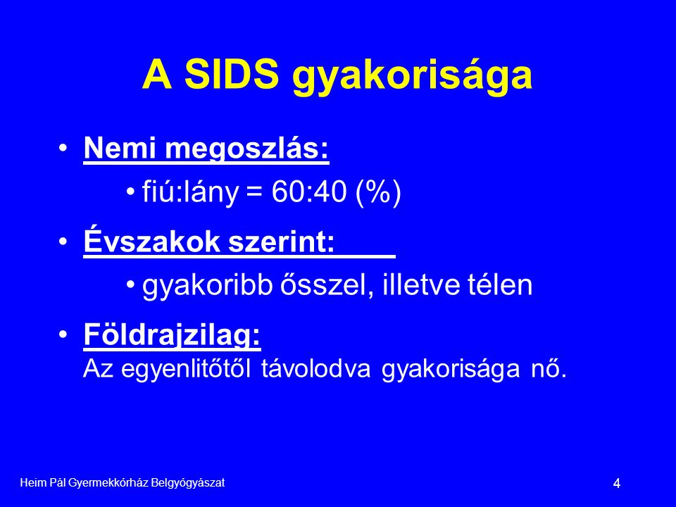 A SIDS gyakorisága Nemi megoszlás: fiú:lány = 60:40 (%)