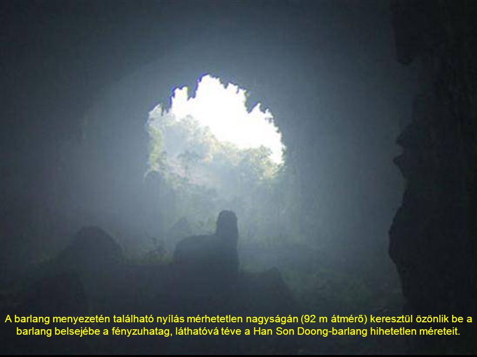 A barlang menyezetén található nyílás mérhetetlen nagyságán (92 m átmérő) keresztül özönlik be a barlang belsejébe a fényzuhatag, láthatóvá téve a Han Son Doong-barlang hihetetlen méreteit.
