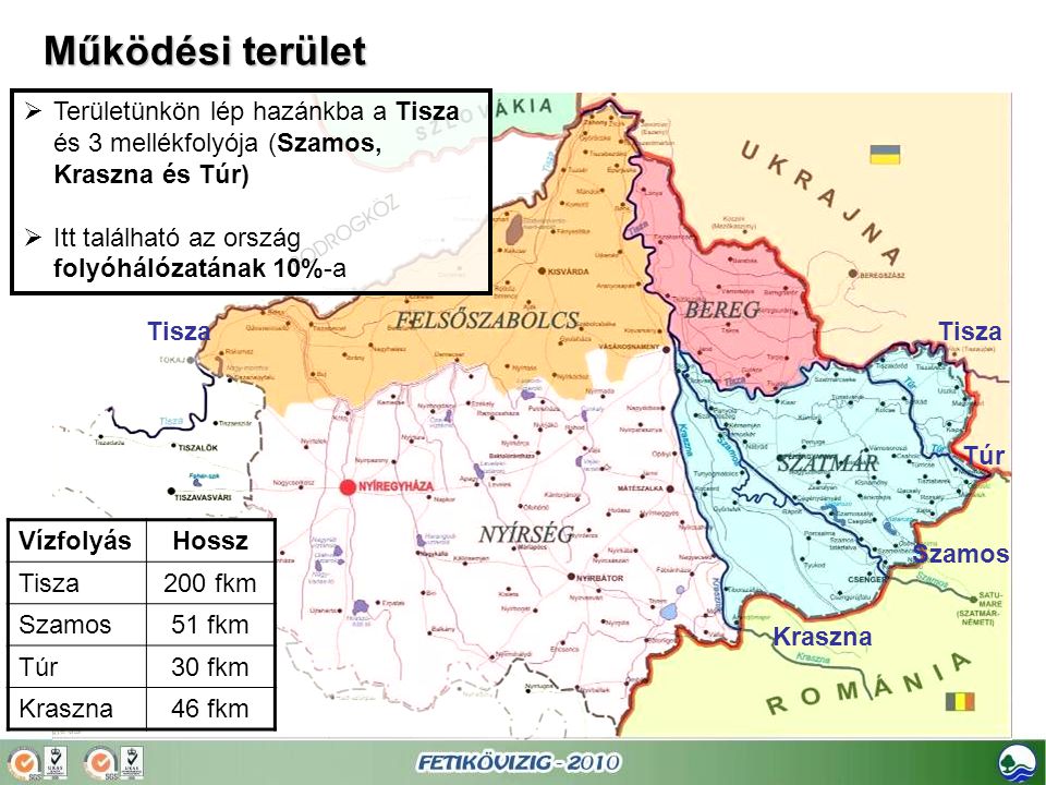 Működési terület Területünkön lép hazánkba a Tisza és 3 mellékfolyója (Szamos, Kraszna és Túr) Itt található az ország folyóhálózatának 10%-a.