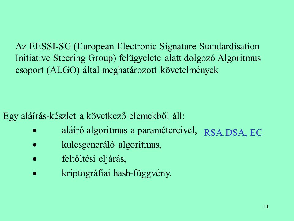 Az EESSI-SG (European Electronic Signature Standardisation Initiative Steering Group) felügyelete alatt dolgozó Algoritmus csoport (ALGO) által meghatározott követelmények