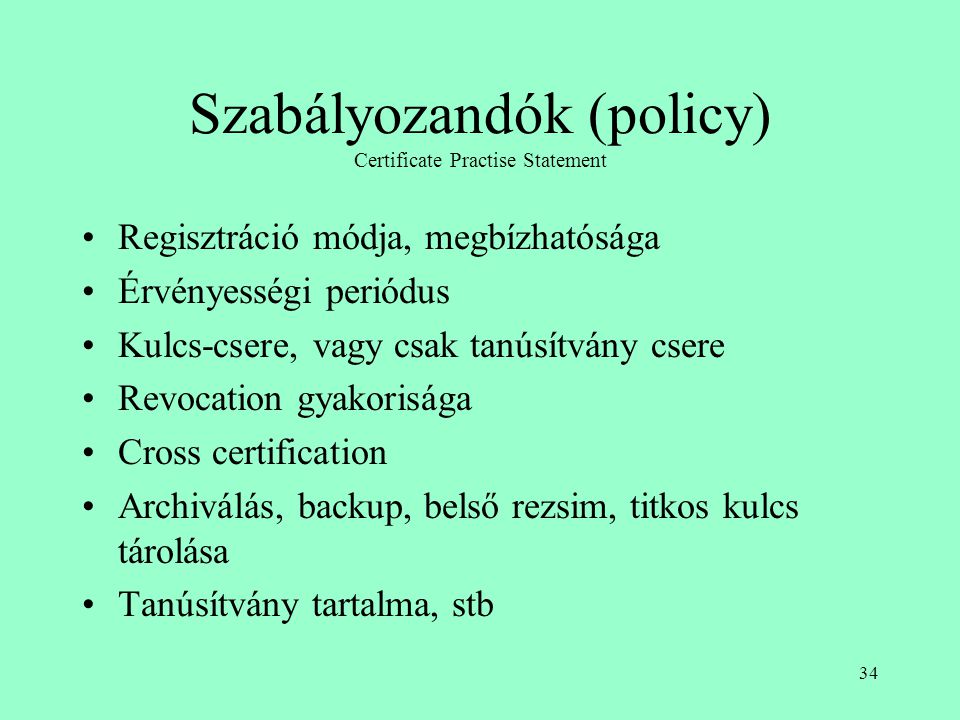 Szabályozandók (policy) Certificate Practise Statement