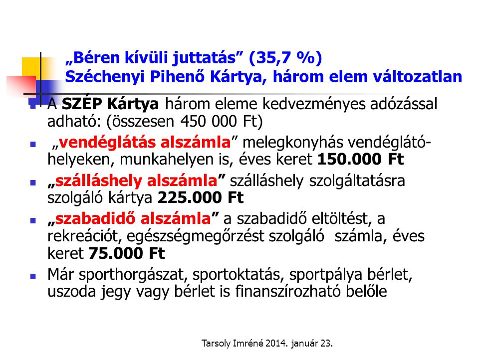 „Béren kívüli juttatás (35,7 %) Széchenyi Pihenő Kártya, három elem változatlan