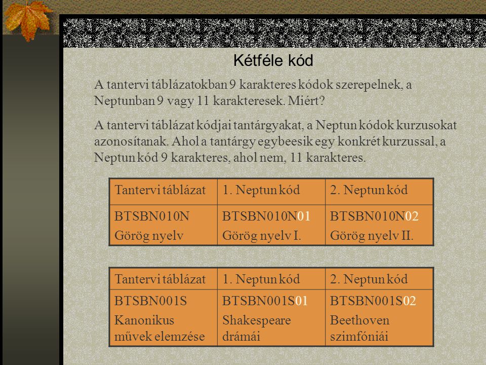 Kétféle kód A tantervi táblázatokban 9 karakteres kódok szerepelnek, a Neptunban 9 vagy 11 karakteresek. Miért