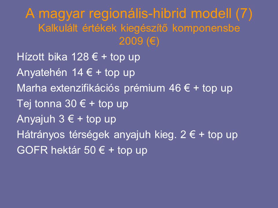 A magyar regionális-hibrid modell (7) Kalkulált értékek kiegészítő komponensbe 2009 (€)