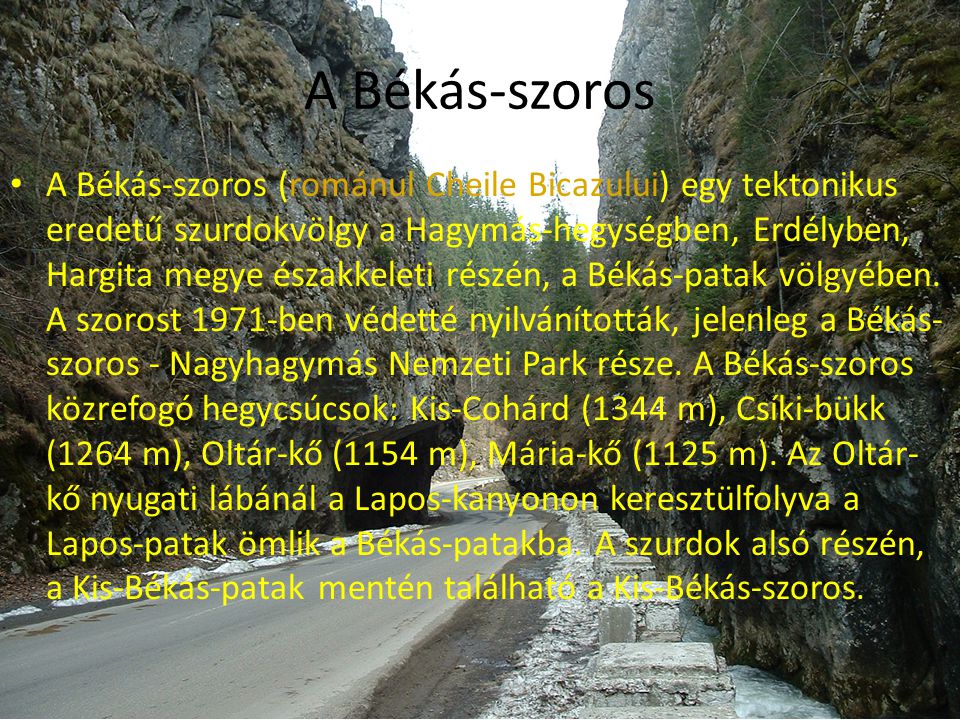 A Békás-szoros (románul Cheile Bicazului) egy tektonikus eredetű szurdokvölgy a Hagymás-hegységben, Erdélyben, Hargita megye északkeleti részén, a Békás-patak völgyében. A szorost 1971-ben védetté nyilvánították, jelenleg a Békás-szoros - Nagyhagymás Nemzeti Park része. A Békás-szoros közrefogó hegycsúcsok: Kis-Cohárd (1344 m), Csíki-bükk (1264 m), Oltár-kő (1154 m), Mária-kő (1125 m). Az Oltár-kő nyugati lábánál a Lapos-kanyonon keresztülfolyva a Lapos-patak ömlik a Békás-patakba. A szurdok alsó részén, a Kis-Békás-patak mentén található a Kis-Békás-szoros.