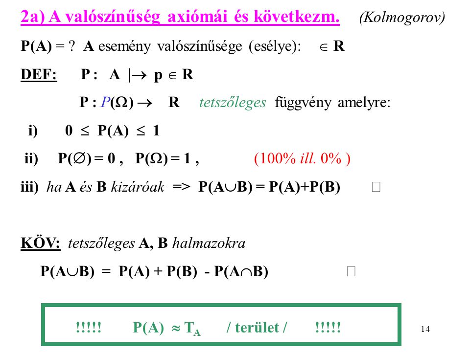 2a) A valószínűség axiómái és következm. (Kolmogorov)