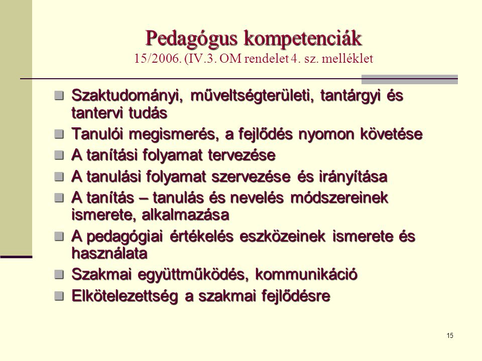 Pedagógus kompetenciák 15/2006. (IV.3. OM rendelet 4. sz. melléklet