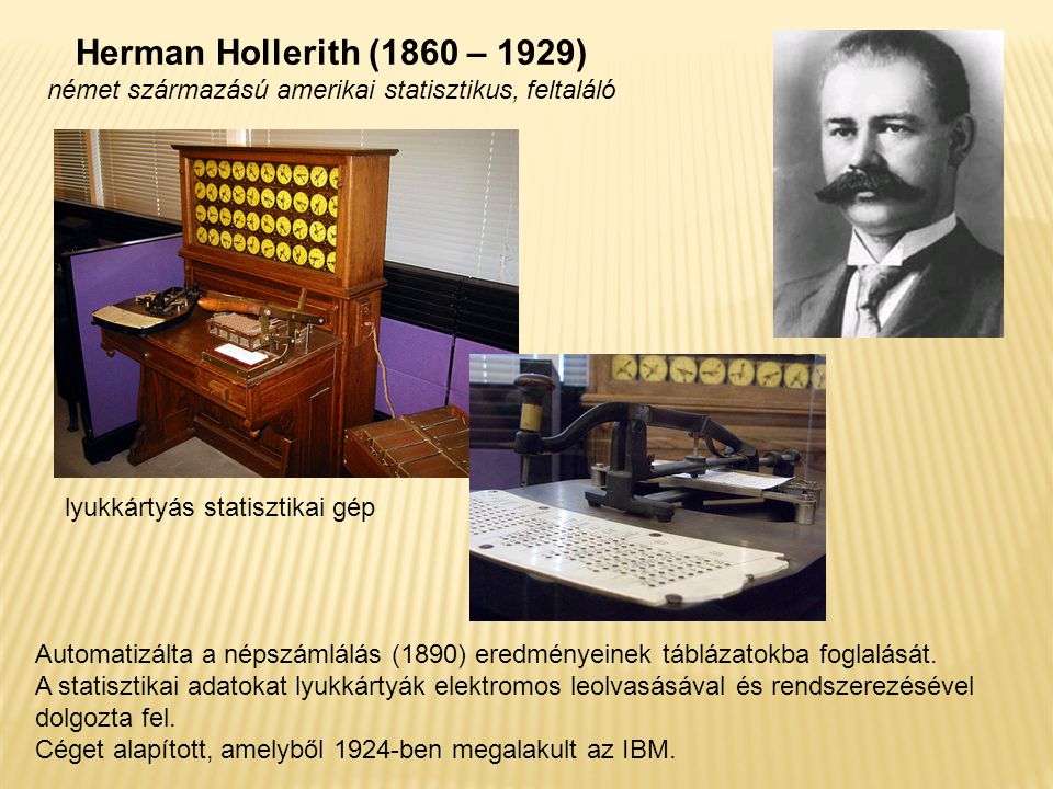 Herman Hollerith (1860 – 1929) német származású amerikai statisztikus, feltaláló