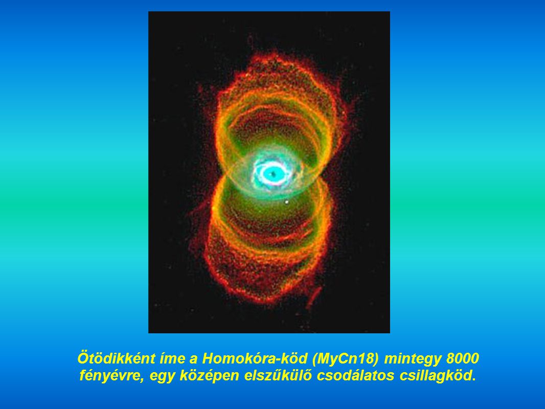 Ötödikként íme a Homokóra-köd (MyCn18) mintegy 8000 fényévre, egy középen elszűkülő csodálatos csillagköd.