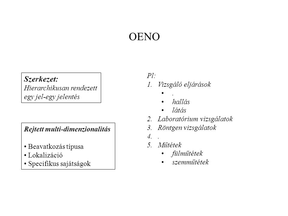 OENO Szerkezet: Pl: Vizsgáló eljárások Hierarchikusan rendezett .