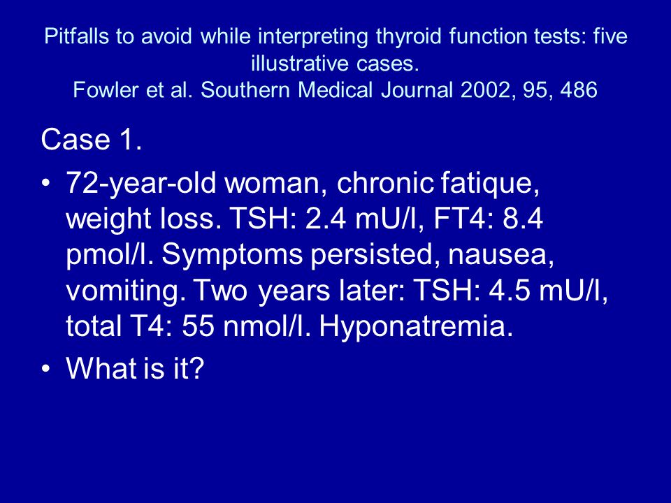 Pitfalls to avoid while interpreting thyroid function tests: five illustrative cases. Fowler et al. Southern Medical Journal 2002, 95, 486