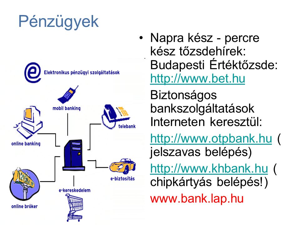 Pénzügyek Napra kész - percre kész tőzsdehírek: Budapesti Értéktőzsde:   Biztonságos bankszolgáltatások Interneten keresztül: